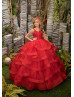 Red Lace Tulle Ruffle Floor Length Flower Girl Dress